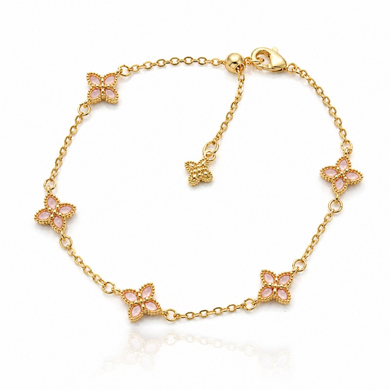 Bransoletka na rękę stal chirurgiczna pozłacana 14k złotem, koniczynka, różowa BST1621