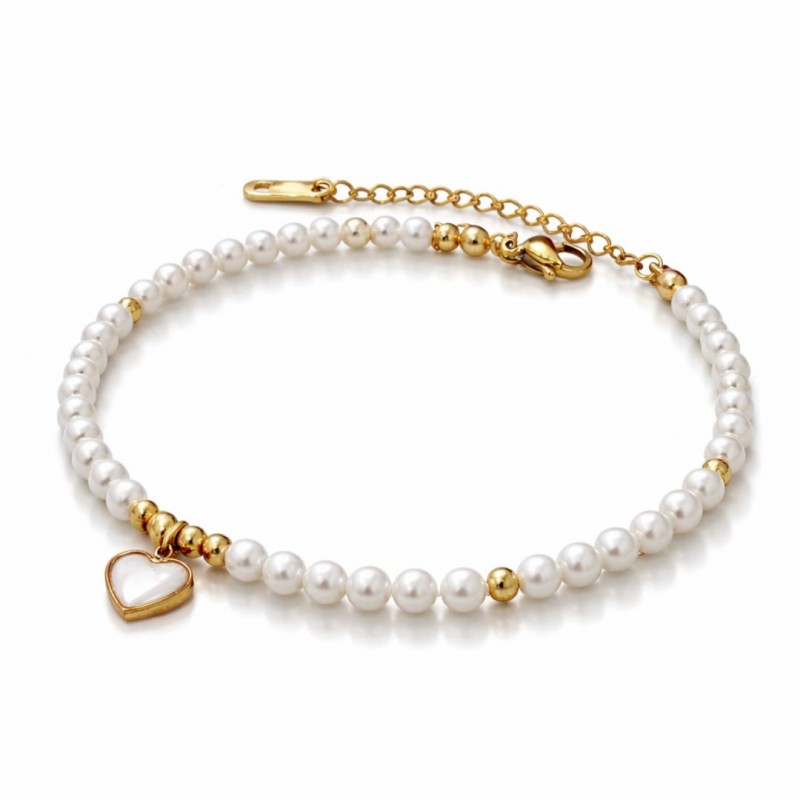 Bransoletka na rękę stal chirurgiczna pozłacana 14k złotem, Perełki, Serce BST1685