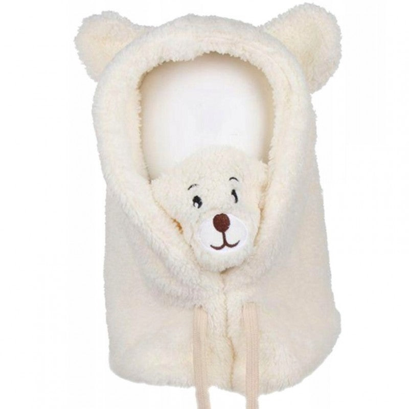 Czapka zimowa pluszowa z uszami misia + komin, 2 w 1 - kremowa CZ34WZ2