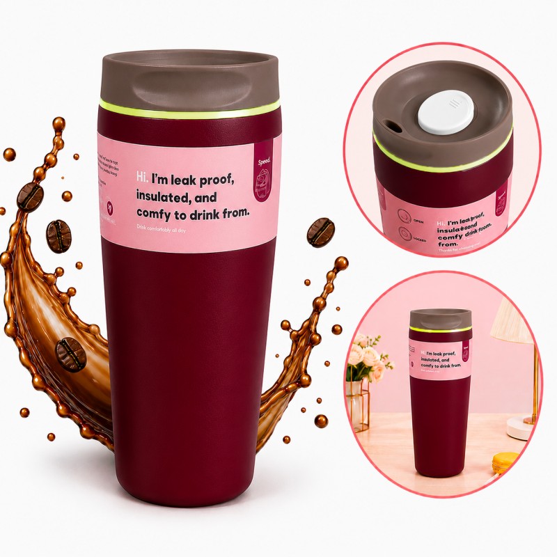DUŻY POJEMNY KUBEK TERMICZNY 560 ml TERMOS zamykany, bordowy CUP30
