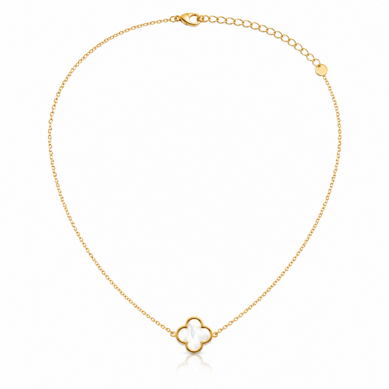 Naszyjnik stal szlachetna pozłacana 14k złotem, 13mm biała koniczynka NST2298