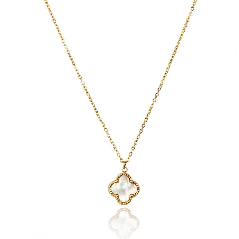 Naszyjnik stal szlachetna pozłacana 14k złotem, koniczynka 13mm, masa perłowa NST2301
