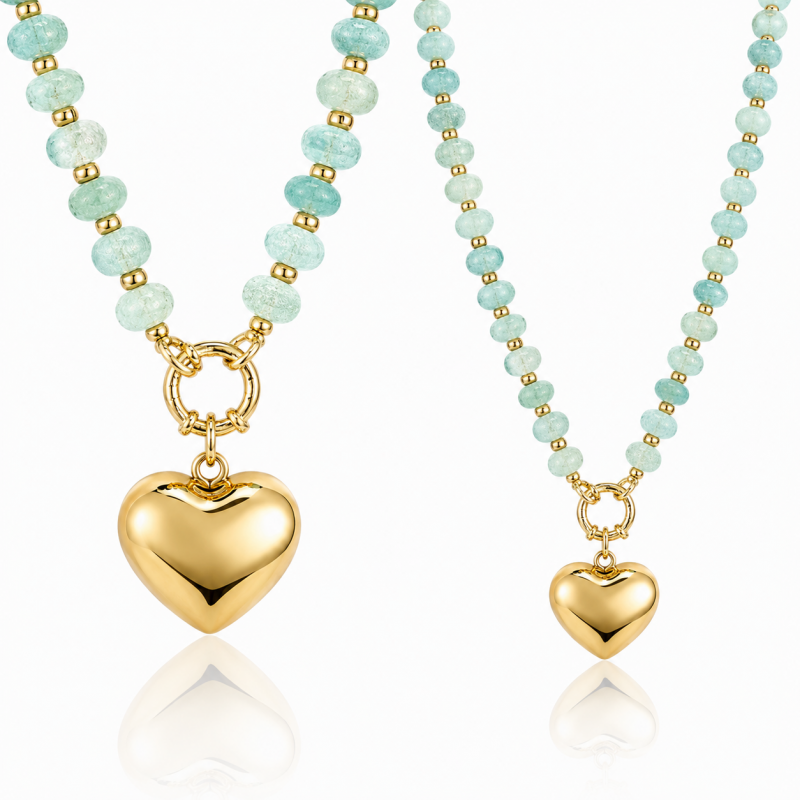 Naszyjnik stal szlachetna pozłacana 14k złotem, kulki kamień naturalny Blue Stone, serce NST2405