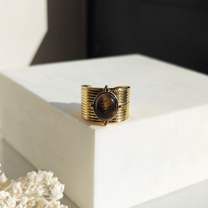 Pierścionek stal szlachetna platerowana 14k złotem, regulowany, oczko TIGER STONE PST1036