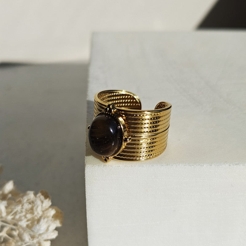 Pierścionek stal szlachetna platerowana 14k złotem, regulowany, oczko TIGER STONE PST1036