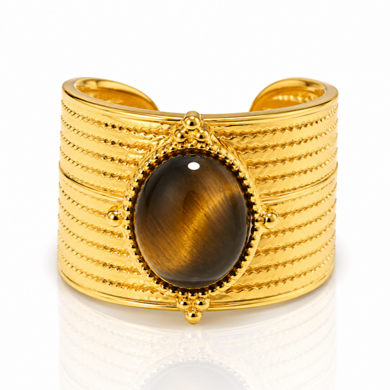 Pierścionek stal szlachetna platerowana 14k złotem, regulowany, oczko TIGER STONE PST1036