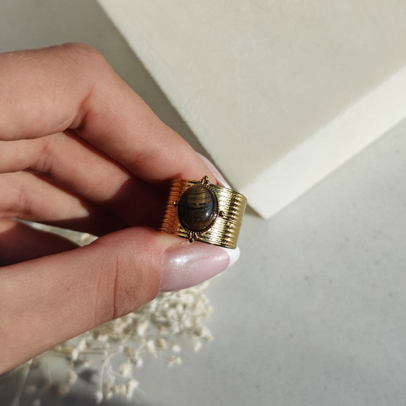 Pierścionek stal szlachetna platerowana 14k złotem, regulowany, oczko TIGER STONE PST1036