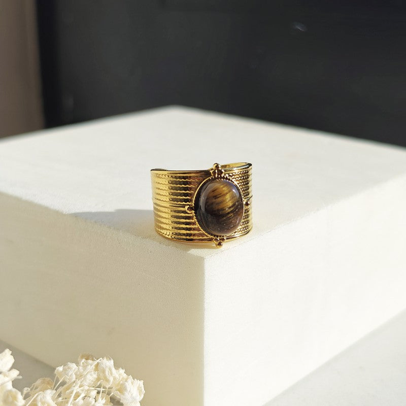 Pierścionek stal szlachetna platerowana 14k złotem, regulowany, oczko TIGER STONE PST1036