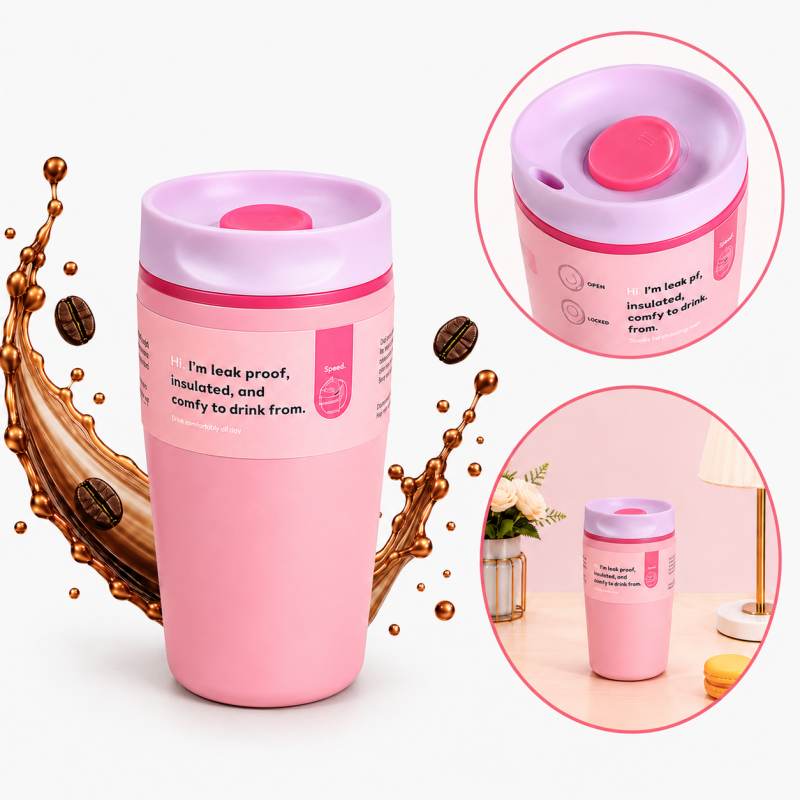 POJEMNY KUBEK TERMICZNY 340 ml TERMOS zamykany, jasnoróżowy CUP32