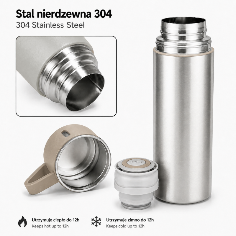 TERMOS turystyczny z kubkiem, szczelny, stal nierdzewna beżowy 500ml BD65BEZ