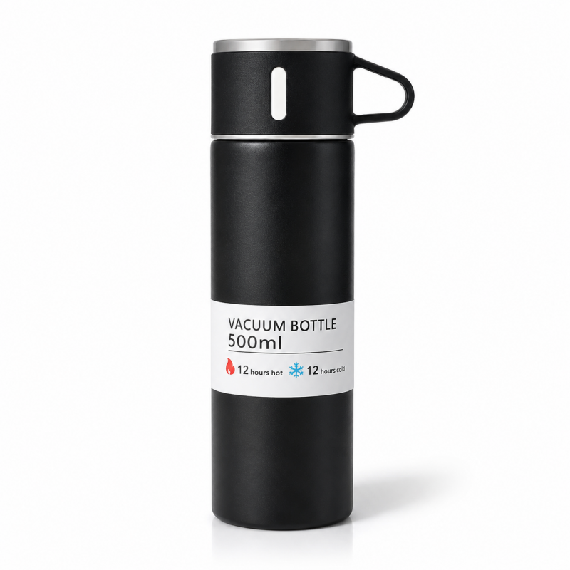 TERMOS turystyczny z kubkiem, szczelny, stal nierdzewna czarny 500ml BD65CZ
