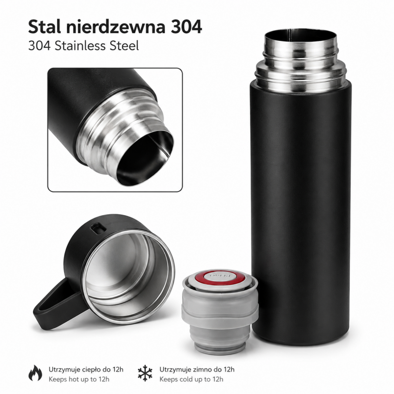 TERMOS turystyczny z kubkiem, szczelny, stal nierdzewna czarny 500ml BD65CZ