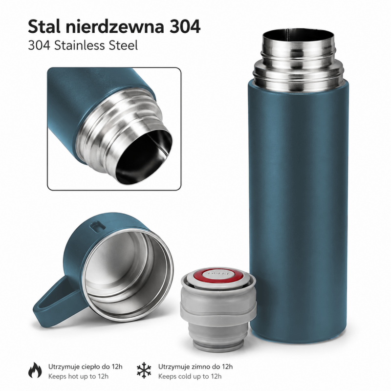 TERMOS turystyczny z kubkiem, szczelny, stal nierdzewna granatowy 500ml BD65GRAN