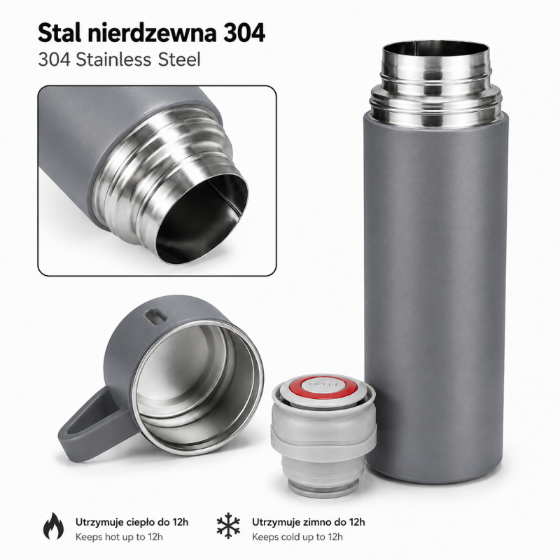 TERMOS turystyczny z kubkiem, szczelny, stal nierdzewna szary 500ml BD65SZ