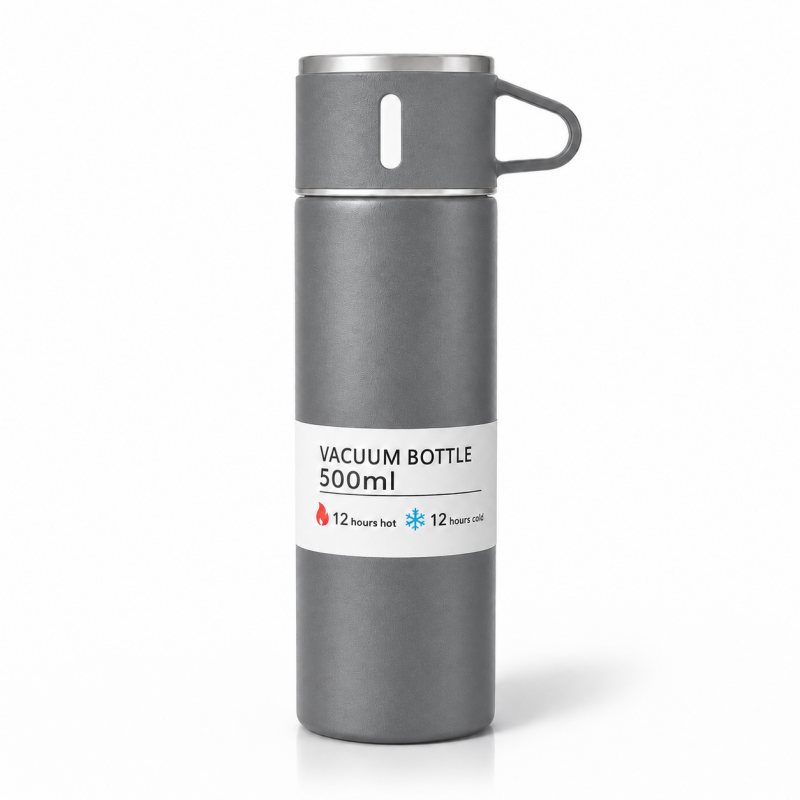 TERMOS turystyczny z kubkiem, szczelny, stal nierdzewna szary 500ml BD65SZ