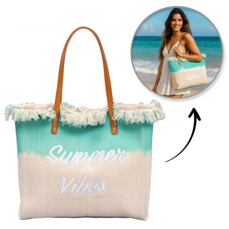 TORBA PLAŻOWA, Wakacyjna BOHO Z frędzlami zielona ombre, na zakupy TP14ZIE