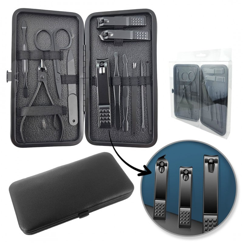 Zestaw akcesoriów do manicure, pedicure w etui, czarny 12w1 AK21