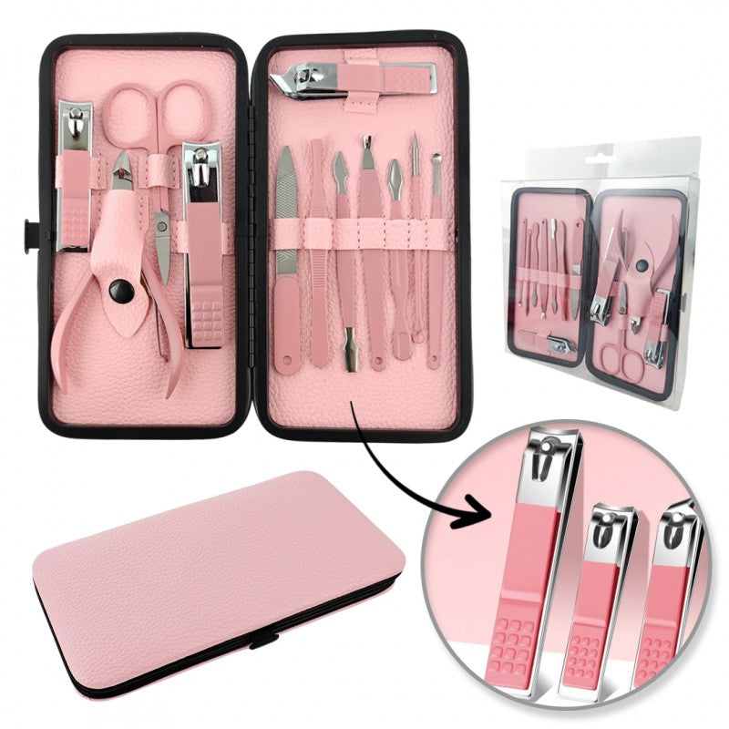 Zestaw akcesoriów do manicure, pedicure w etui różowe 12w1 AK20