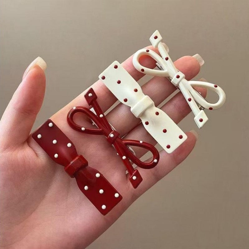 Zestaw pakiet 4w1 spinek wsuwek do włosów, KOKARDY czerwone białe kropki PINK SP452