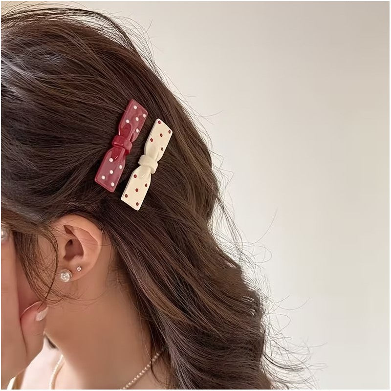 Zestaw pakiet 4w1 spinek wsuwek do włosów, KOKARDY czerwone białe kropki PINK SP452